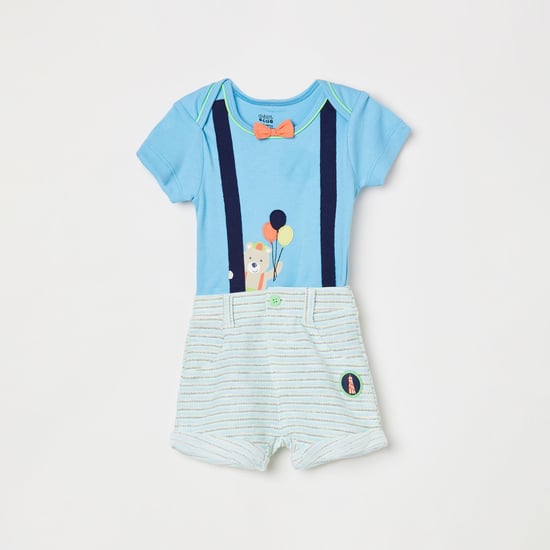 FS MINI KLUB Boys Printed Bodysuit and Striped Shorts