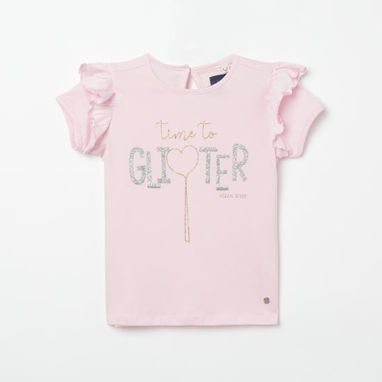 ALLEN SOLLY Typographic Sequinned Ruffled Sleeves Top
