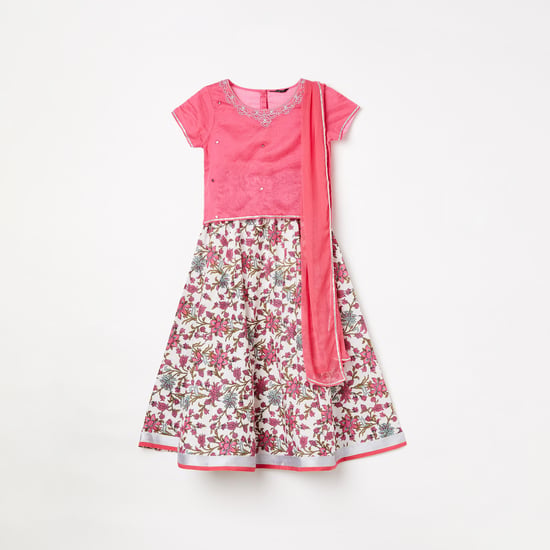 MELANGE Girls Embellished Blouse with Printed Lehenga and Dupatta
