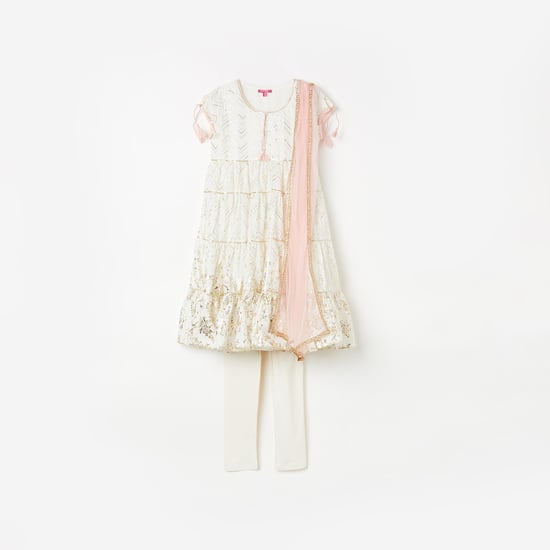 BIBA Girls Foil Print A-line Kurta with Pants and Dupatta