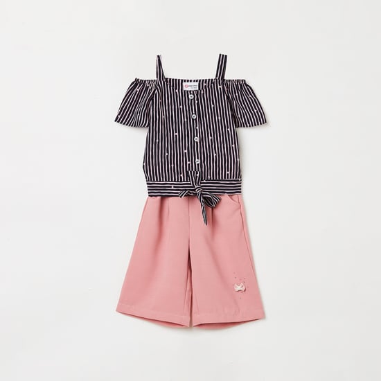 PEPPERMINT Girls Striped Cold-Shoulder Top with Culottes