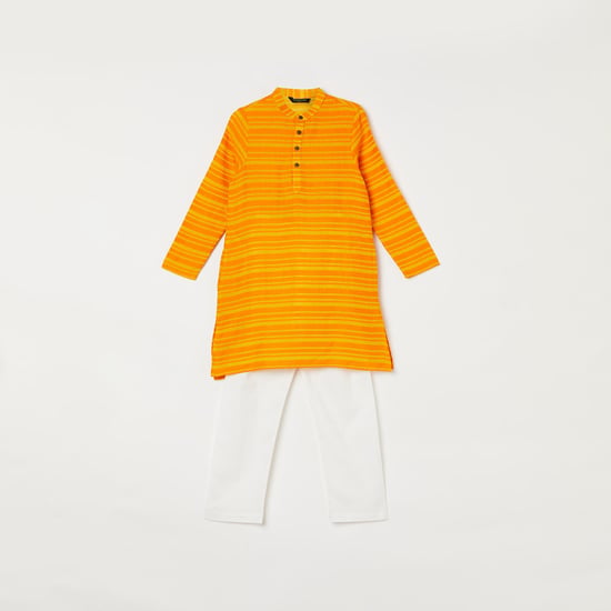 MELANGE Boys Striped Band Collar Kurta with Elasticated Waist Pyjamas