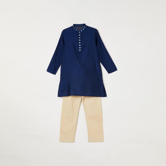 MELANGE Boys Solid Band Collar Kurta with Elasticated Waist Pyjamas