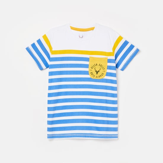 ALLEN SOLLY Striped Crew-Neck T-shirt with Patch Pocket