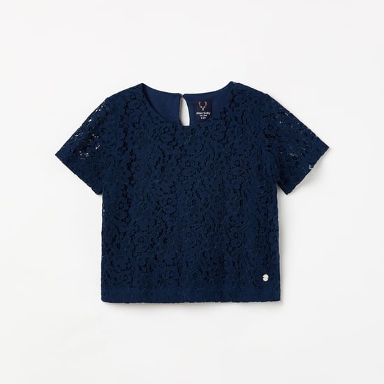 ALLEN SOLLY Girls Lace Detail Short Sleeves Top