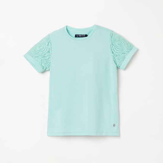 ALLEN SOLLY Girls Round-Neck Top with Lace Sleeves