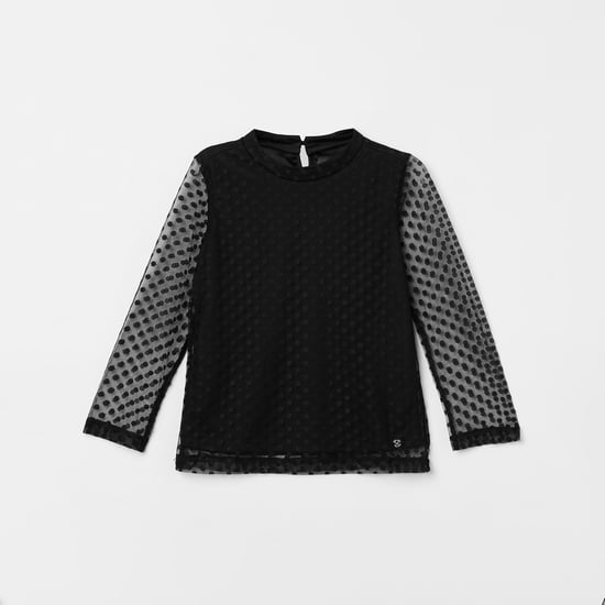ALLEN SOLLY Girls Dobby Lace Top with Sheer Sleeves