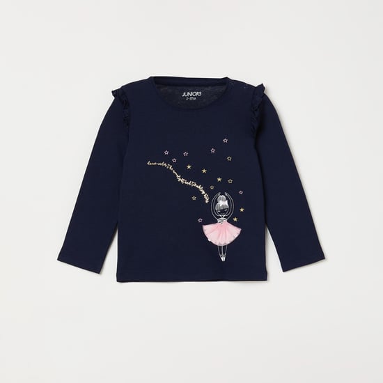 JUNIORS Virobar Printed Full Sleeves T-shirt with Ruffled Detail