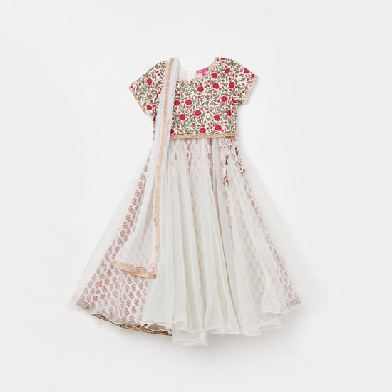 BIBA Girls Printed Blouse with Flared Lehenga and Dupatta
