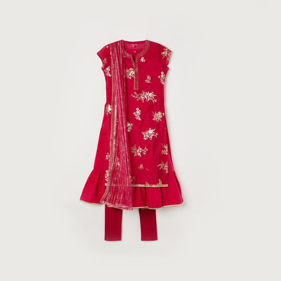 BIBA Girls Printed Layered Kurta with Churidars and Dupatta