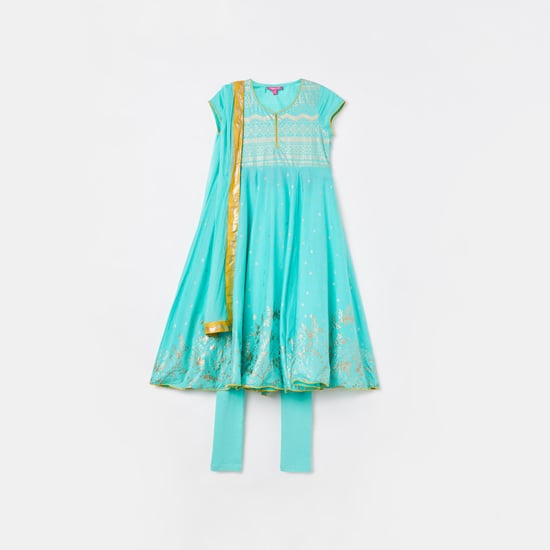 BIBA Girls Printed Flared Kurta with Churidar and Dupatta