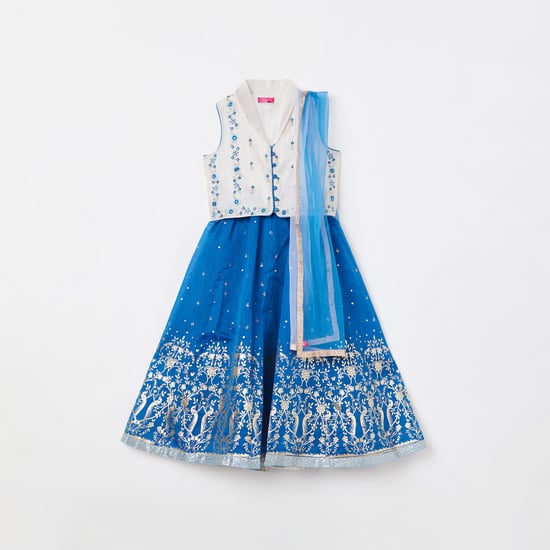 BIBA Girls Embroidered Blouse with Printed Lehenga and Dupatta
