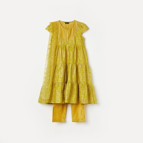 MELANGE Girls Printed A-Line Kurta with Straight Pants and Dupatta