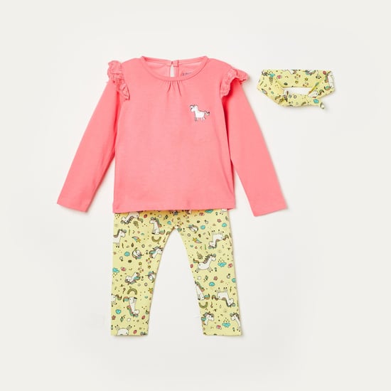 JUNIORS Girls Printed Ruffled Top with Leggings and Headband