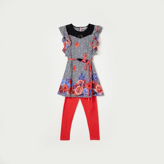 PEPPERMINT Girls Floral Print A-line Tunic with Leggings