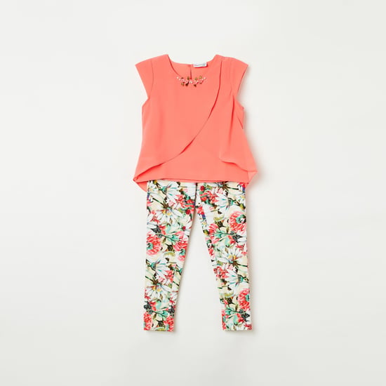 PEPPERMINT Girls Solid Top with Floral Print Leggings