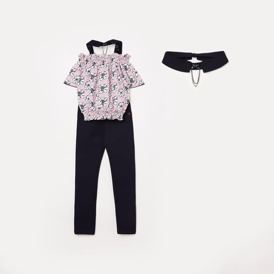 PEPPERMINT Girls Floral Print Cold-Shoulder Top with Jeggings