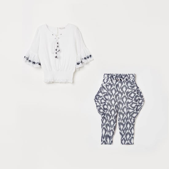 PEPPERMINT Girls Embroidered Blouson Top with Dhoti Pants