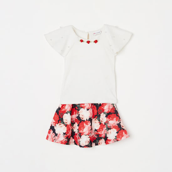 PEPPERMINT Girls Solid Top with Floral Print Skirt