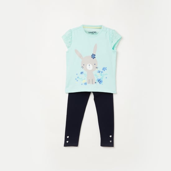 JUNIORS Girls Printed Round Neck Top With Leggings