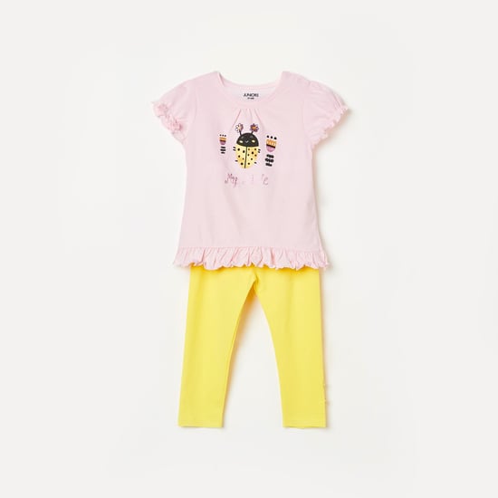 JUNIORS Girls Printed Round Neck Top with Solid Elasticated Leggings