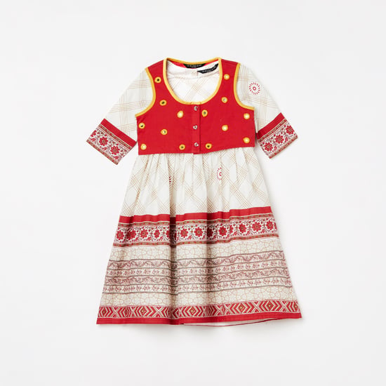 MELANGE Girls Printed A-line Dress with Koti Jacket