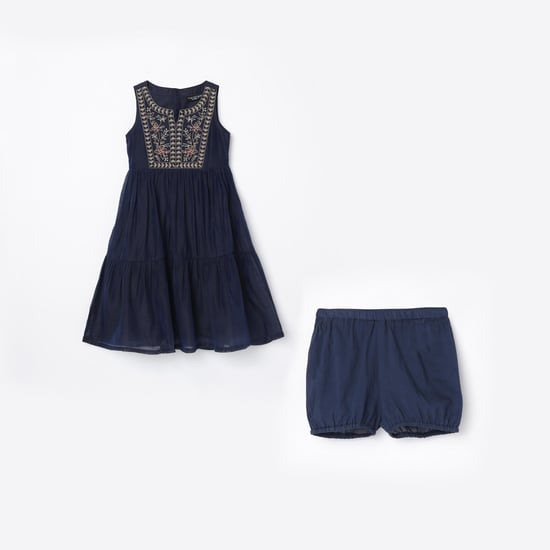 MELANGE Girls Embroidered A-line Dress with Shorts