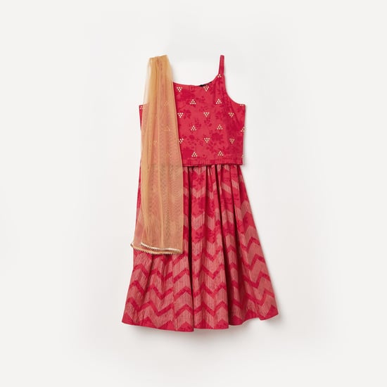MELANGE Girls Printed Ethnic Blouse with A-Line Lehenga and Dupatta