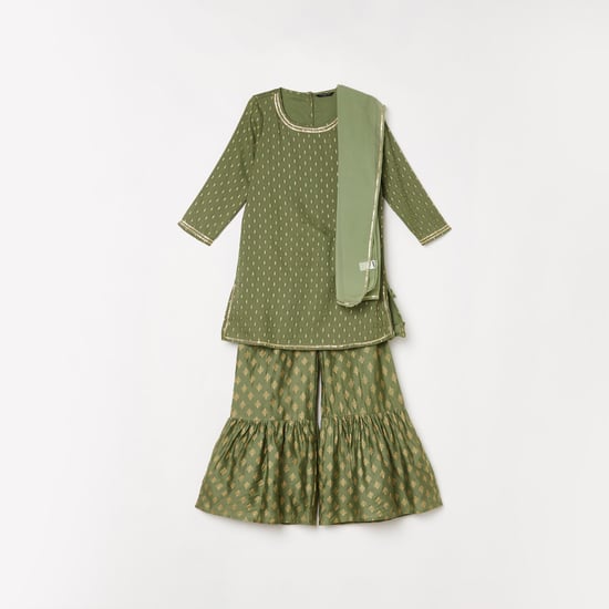 MELANGE Girls Printed Kurta with Sharara Pants and Dupatta