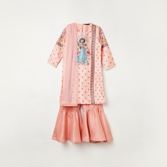 MELANGE Girls Floral Print Kurta with Sharara and Dupatta