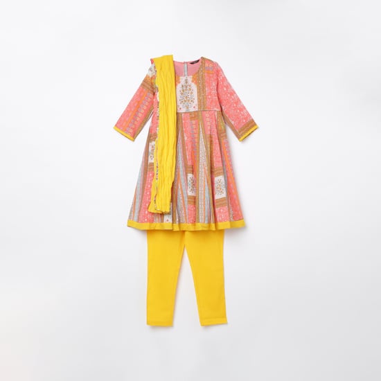 MELANGE Girls Printed A-Line Kurta with Solid Churidar and Dupatta