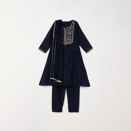 MELANGE Girls Embroidered Flared Kurta with Churidhar and Dupatta