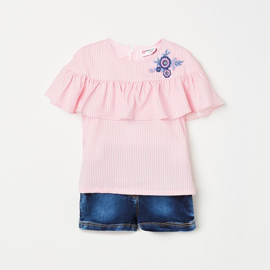 PEPPERMINT Girls Striped Top with Denim Shorts