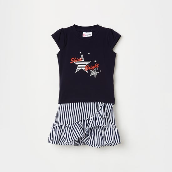 PEPPERMINT Girls Printed Top with Striped Ruffle Skirt