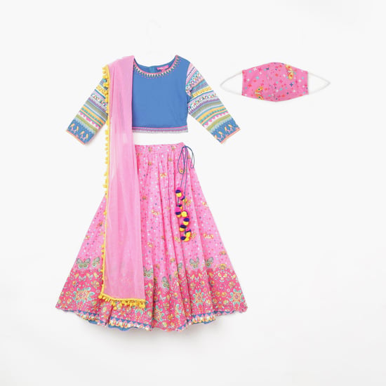 BIBA Girls Printed Lehenga Set with Dupatta and a Mask