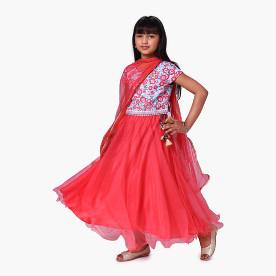 BIBA Girls Printed Blouse with Lehenga and Dupatta