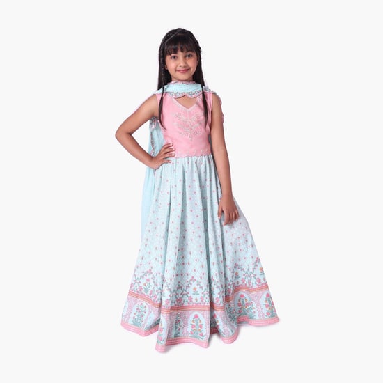 BIBA Girls Embroidered Blouse with Printed Lehenga and Dupatta