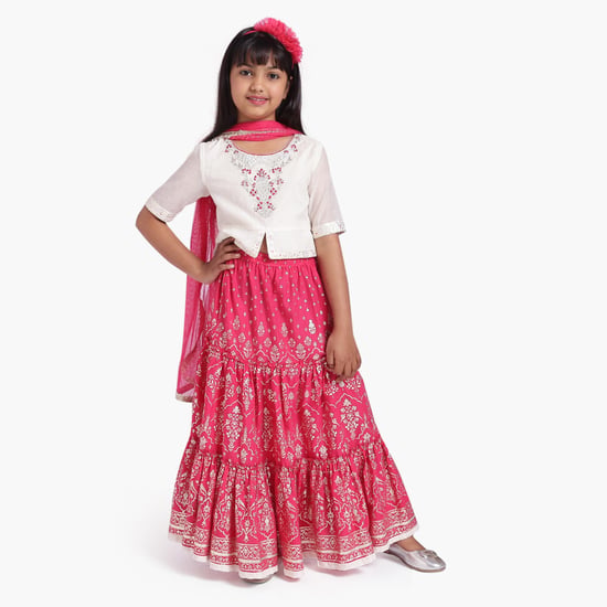 BIBA Girls Embroidered Top with Tiered Skirt and Dupatta