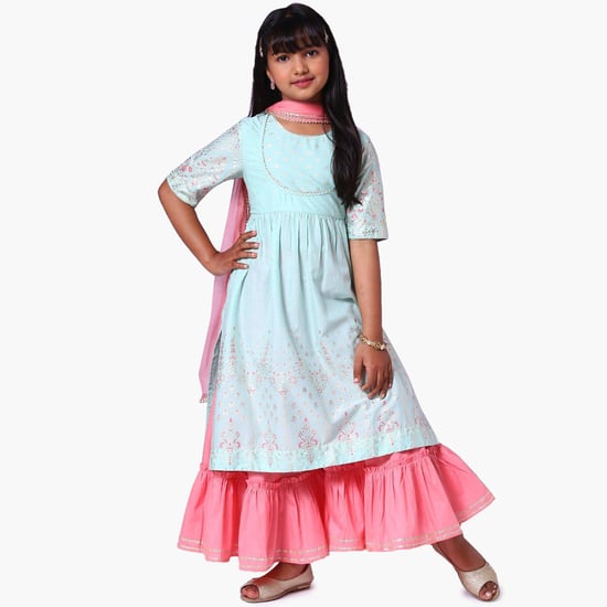 BIBA Girls Printed Kurta with Sharara and Dupatta