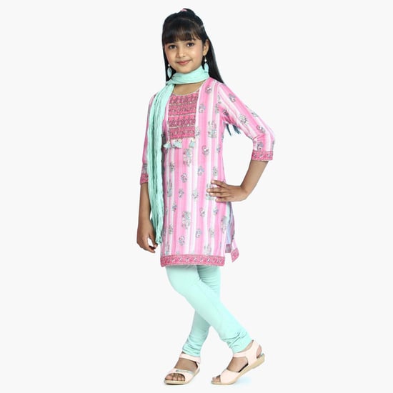BIBA Girls Floral Print Kurta with Solid Churidar and Dupatta