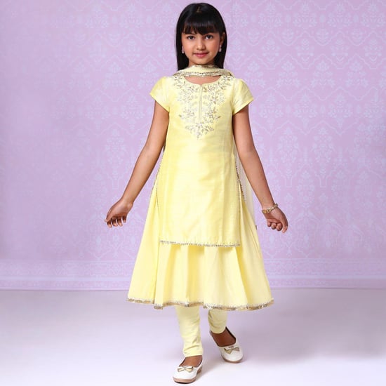 BIBA Girls Embroidered Layered Kurta With Solid Churidar and Dupatta