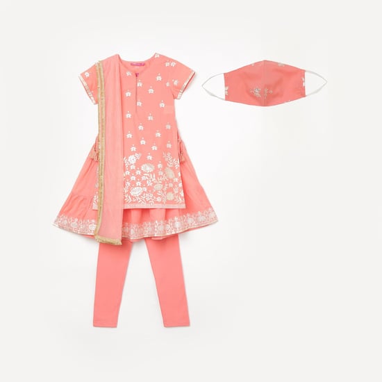 BIBA Girls Printed Layered Kurta with Churidar, Dupatta and Mask