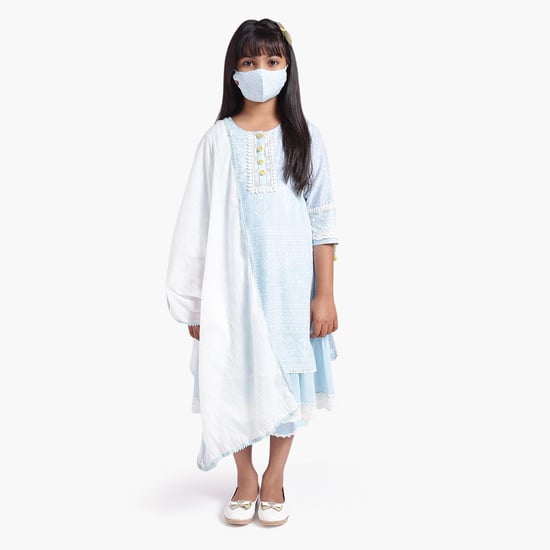 BIBA Girls Printed Layered Kurta with Pants, Dupatta and Mask