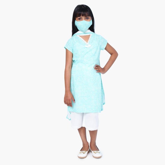 BIBA Girls Printed Kurta with Cropped Palazzos, Dupatta and Face Mask