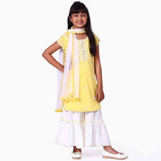 BIBA Girls Embroidered Kurta with Sharara and Dupatta