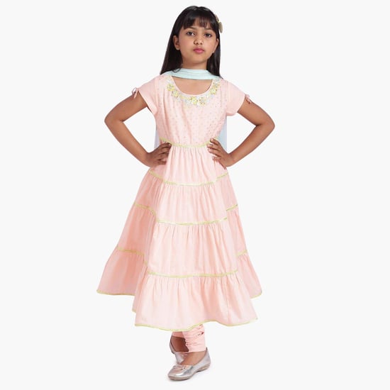 BIBA Girls Embroidered Tiered Kurta with Churidar and Dupatta