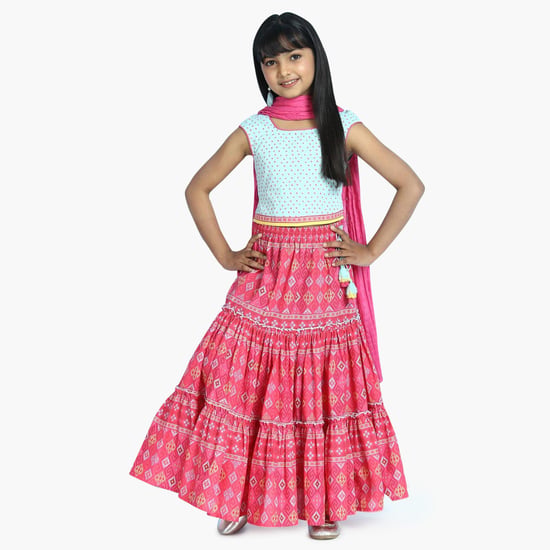 BIBA Girls Printed Top with Tiered Skirt and Dupatta
