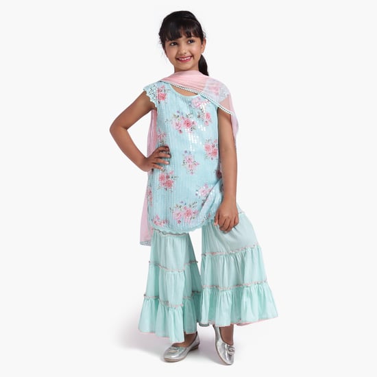 BIBA Girls Printed Kurta with Sharara Pants, Dupatta and Face Mask