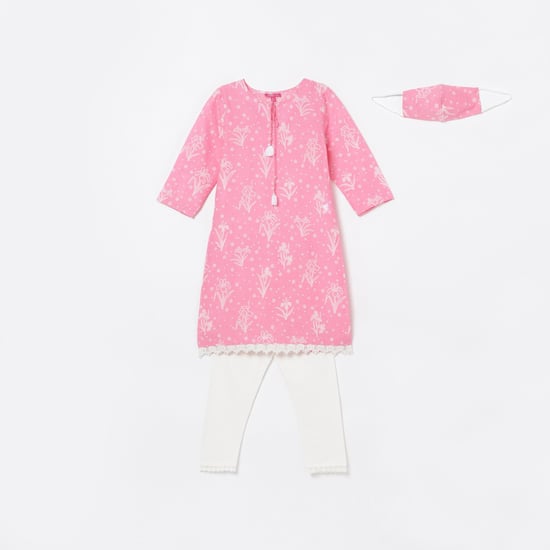 BIBA Girls Printed Woven A-line Kurta with Leggings and Mask
