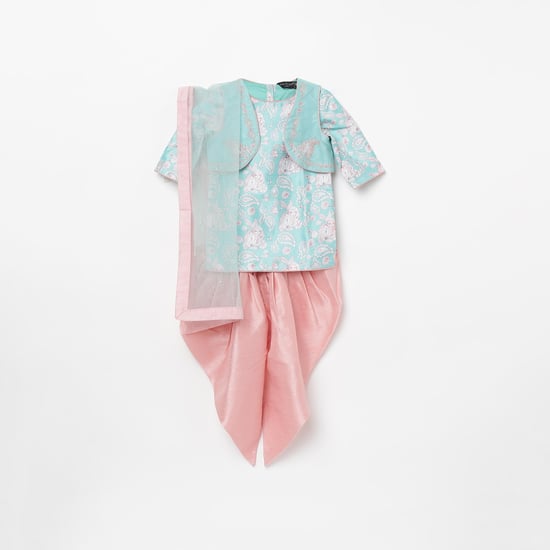 Melange Girls Printed Kurta with Jacket, Dhoti Pants and Dupatta